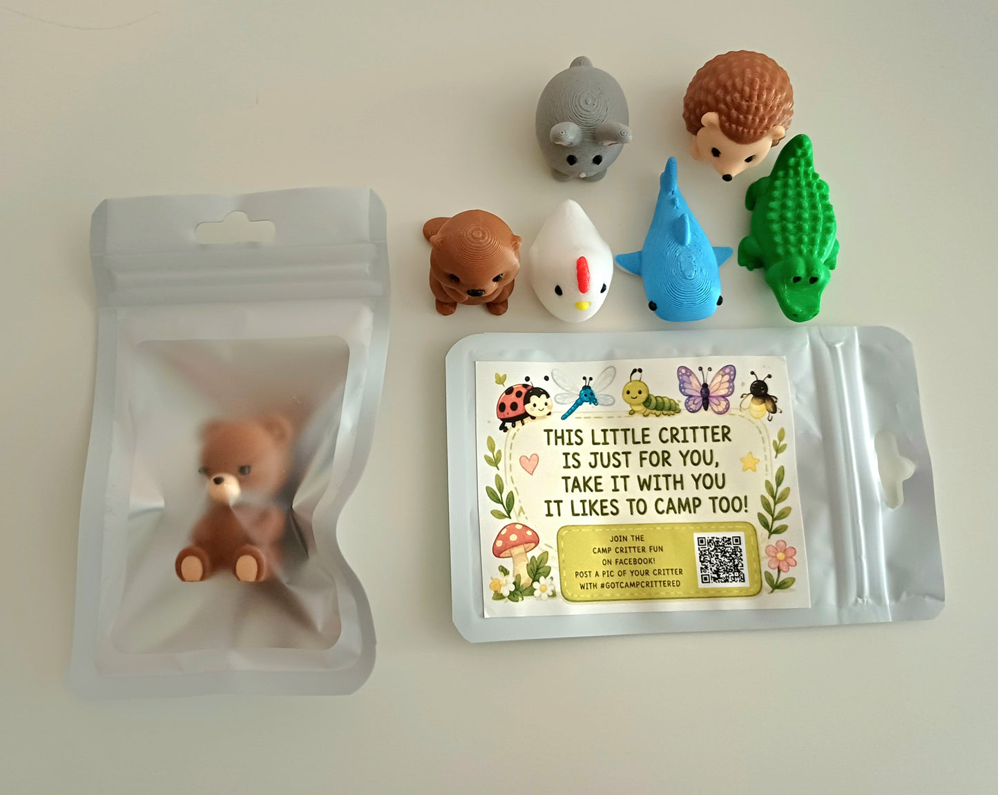 Campsite critters prepackaged with note, mini animals to hide while camping