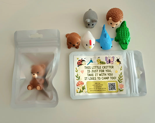 Campsite critters prepackaged with note, mini animals to hide while camping